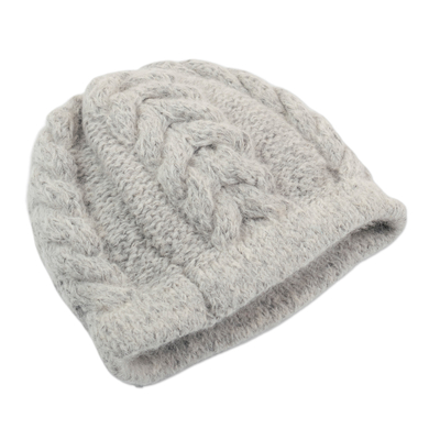 100% alpaca hat, 'Mist' - Soft Grey Hand Knitted Cable Stitch Alpaca Hat