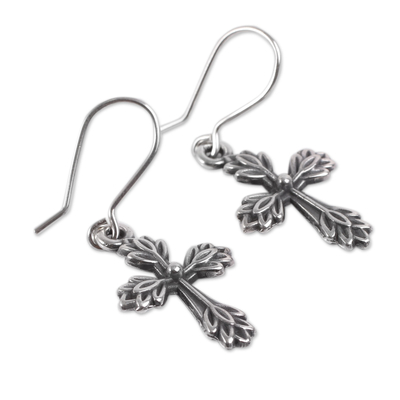 Sterling silver cross earrings, 'Crossing Leaves' - Leafy Cross Earrings Crafted of Sterling Silver in Peru