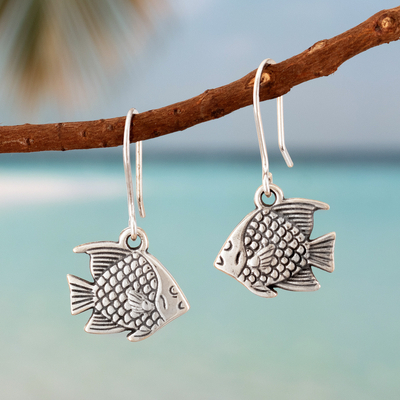 Pendientes colgantes de plata de ley - Pendientes de pescado de plata esterlina de joyería peruana de comercio justo