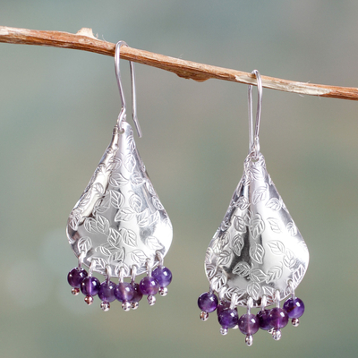 Amethyst dangle earrings, 'Purple Autumn' - Amethyst and Embossed Leaves on Sterling Silver Earrings
