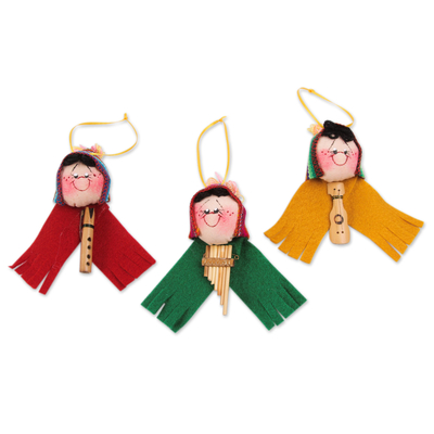 Ornaments, 'Musical Ties' (set of 3) - Cute Andean Musicians Hand Crafted Ornaments (Set of 3)