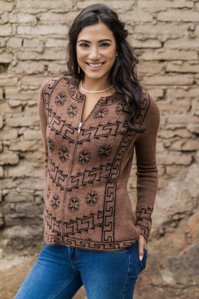 100% alpaca cardigan, 'Paracas Mystique' - Inca Glyphs on Brown Alpaca Cardigan with Zipper
