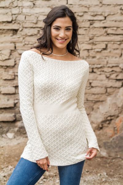 100% Alpaca Tunic Long Sleeve Sweater in Ivory Color - Marfil | NOVICA