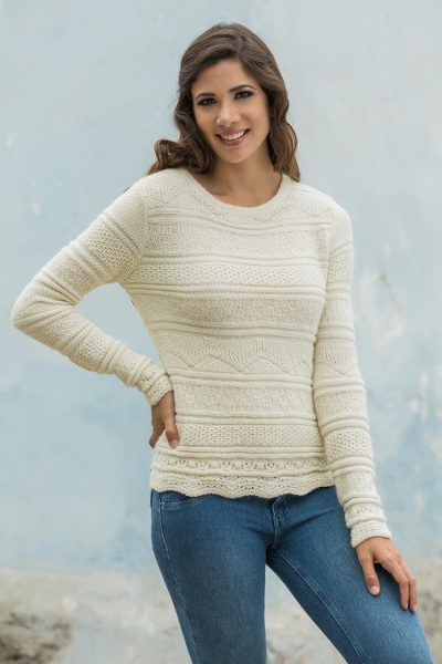 100% alpaca sweater, 'Ivory Snow' - Elegant 100% Alpaca Sweater Patterned in Ivory Color