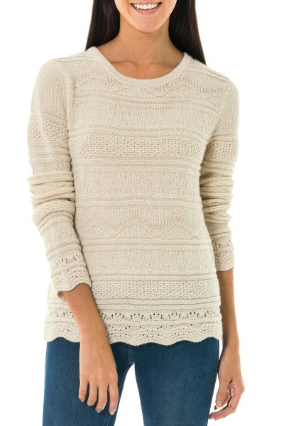 100% alpaca sweater, 'Ivory Snow' - Elegant 100% Alpaca Sweater Patterned in Ivory Color