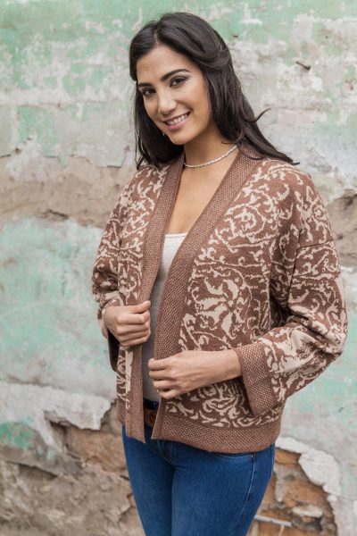 100% alpaca cardigan, 'Earthen Bouquet' - Open Cardigan Knitted of Genuine Alpaca in Brown and Beige