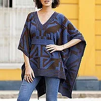 100% alpaca poncho, 'Andean Geometry' - Knitted Alpaca Poncho with Belt in Blue and Brown