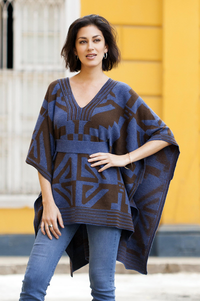 100% alpaca poncho, 'Andean Geometry' - Knitted Alpaca Poncho with Belt in Blue and Brown