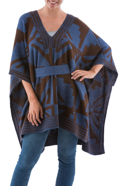 Knitted Alpaca Poncho with Belt in Blue and Brown