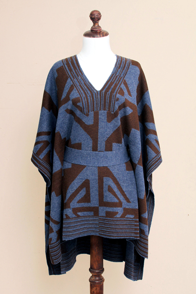 100% alpaca poncho, 'Andean Geometry' - Knitted Alpaca Poncho with Belt in Blue and Brown
