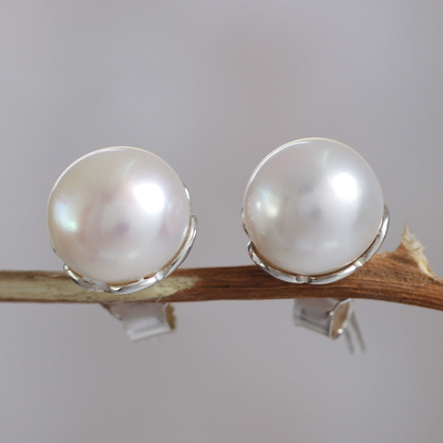 Cultured pearl stud earrings, 'Nascent Flower' - Handcrafted Cultured Pearl Stud Earrings