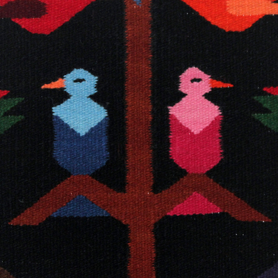 Wandteppich aus Wolle - Andenvögel auf schwarzem handgewebtem Wollteppich