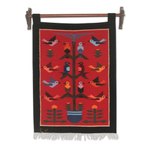 Wool tapestry, 'Red Birds in Eden' - Andean Handwoven Wool Tapestry with Birds on Red