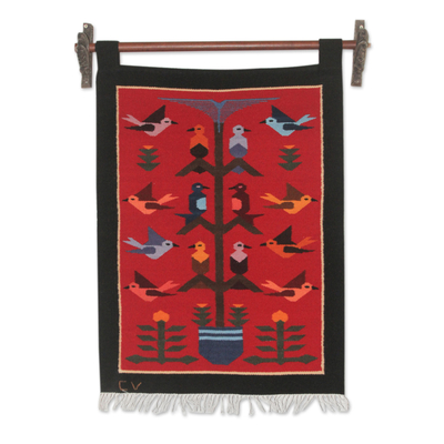 Andean Handwoven Wool Tapestry with Birds on Red