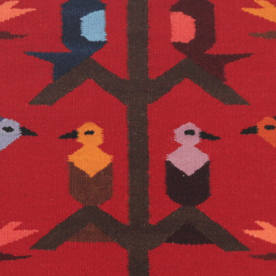 Wandteppich aus Wolle - Handgewebter Wandteppich aus Andenwolle mit Vögeln auf Rot