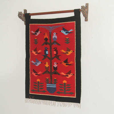 Wandteppich aus Wolle - Handgewebter Wandteppich aus Andenwolle mit Vögeln auf Rot