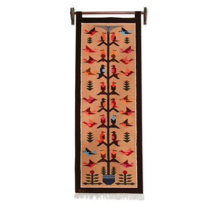 Wool tapestry, 'Swallows in the Desert' - Handwoven Wool Tapestry with Birds on Brown