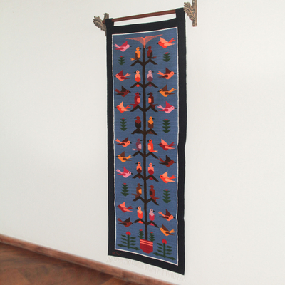 Wool tapestry, 'Swallows in the Sky' - Andean Artisan Handwoven Blue Wool Tapestry