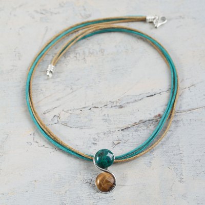 Tiger's eye and chrysocolla pendant necklace, 'Beautiful Gemini' - Gemini Zodiac Necklace with Tiger's Eye and Chrysocolla