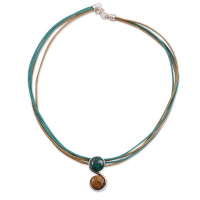 Tiger's eye and chrysocolla pendant necklace, 'Beautiful Gemini' - Gemini Zodiac Necklace with Tiger's Eye and Chrysocolla