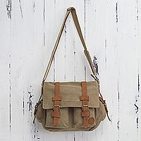 Leather accent cotton messenger bag, 'Journey to Puno'