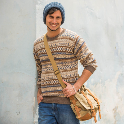 Leather accent cotton messenger bag, 'Journey to Puno' - Tan and Brown Leather Accent Roomy Canvas Messenger Bag