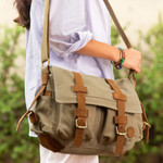 Leather accent cotton messenger bag, 'Journey to Puno' - Tan and Brown Leather Accent Roomy Canvas Messenger Bag