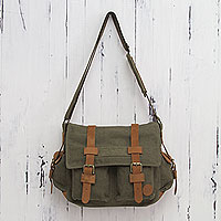 Leather accent cotton messenger bag, 'Journey to Manu'