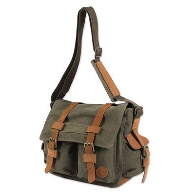 Leather Accent Roomy Canvas Messenger Bag in Green - Journey to Manu ...