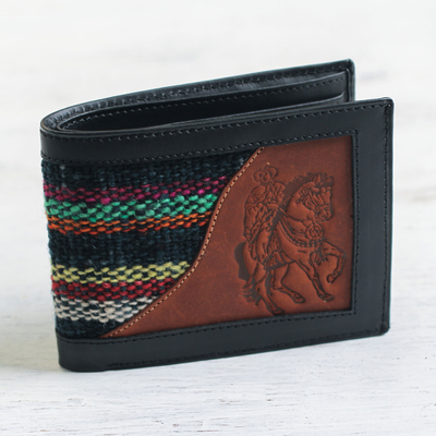 Men's wool accent leather wallet, 'Blue Night Rider' - Men's Black Leather Cowboy Theme Wallet with Wool