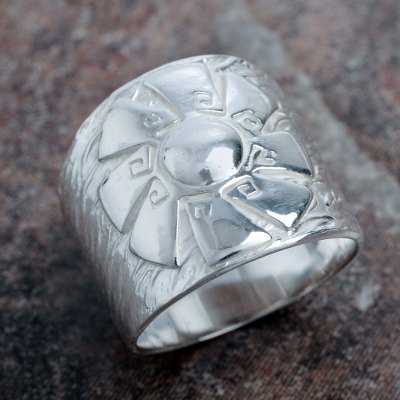Sterling silver band ring, 'Andes Sun' - Peruvian Wide Band Ring Handcrafted in Sterling Silver