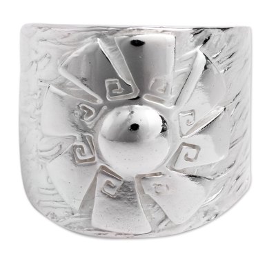 Sterling silver band ring, 'Andes Sun' - Peruvian Wide Band Ring Handcrafted in Sterling Silver
