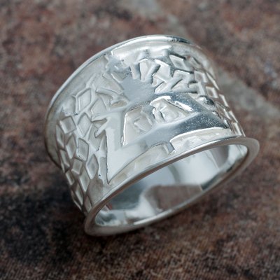 Sterling silver band ring, 'Bright Hummingbird' - Nazca Theme Wide Sterling Silver Bird Ring