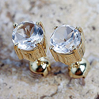 Gold vermeil quartz stud earrings, 'Touch of Radiance' - Andean Handcrafted Gold Vermeil Earrings with Crystal Quartz