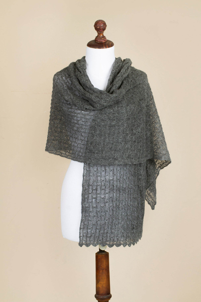 Alpaca blend shawl, 'Muse in Grey' - Charcoal Grey Sheer Knitted Alpaca Blend Shawl