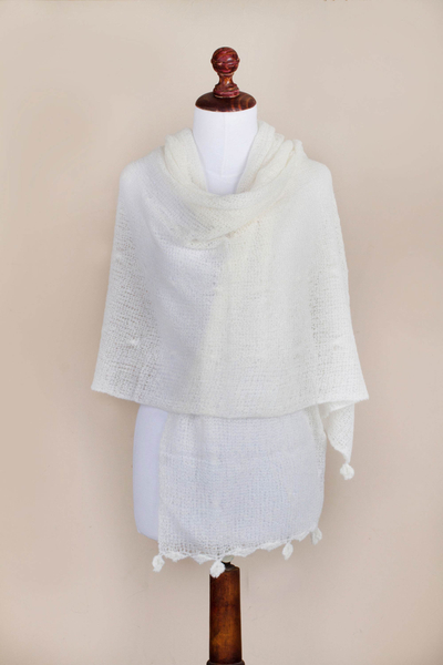 Alpaca blend shawl, 'Gossamer Ivory Stars' - Sheer Knitted Off White Alpaca Blend Shawl