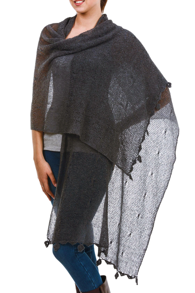 Alpaca blend shawl, 'Gossamer Grey Stars' - Andean Charcoal Grey Open Knit Alpaca Blend Shawl