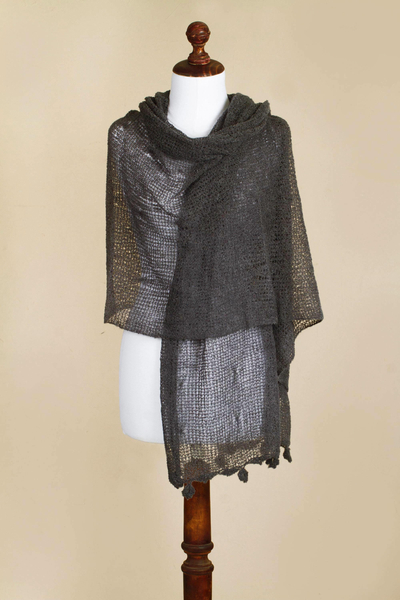 Alpaca blend shawl, 'Gossamer Grey Stars' - Andean Charcoal Grey Open Knit Alpaca Blend Shawl