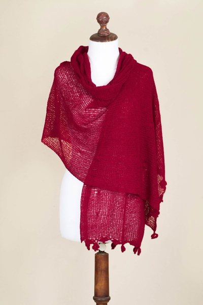 Alpaca blend shawl, 'Gossamer Crimson Stars' - Crimson Red Andean Alpaca Blend Shawl from Peru