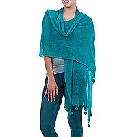Alpaca blend shawl, 'Gossamer Turquoise Stars' - Turquoise Baby Alpaca Blend Open Knit Shawl
