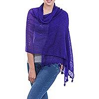 Alpaca blend shawl, 'Gossamer Purple Stars' - Deep Purple Open Knit Andean Alpaca Wool Blend Shawl