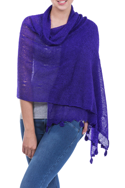 Alpaca blend shawl, 'Gossamer Purple Stars' - Deep Purple Open Knit Andean Alpaca Wool Blend Shawl