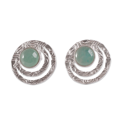 Opal button earrings, 'Green Vibrations' - Handcrafted Sterling Silver and Green Opal Button Earrings