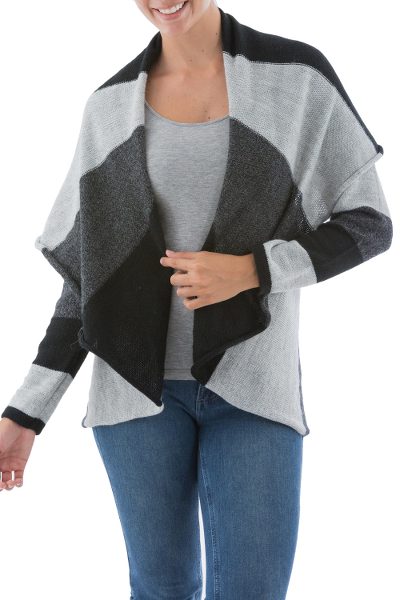 Alpaca blend cardigan, 'Grey Scale' - Womens Open Front Cape Collared Alpaca Blend Cardigan in Bla