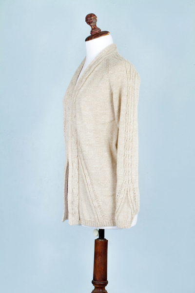 Strickjacke aus Alpaka-Mischung - Damen-Cardigan-Pullover aus Peru-Beige-Alpaka-Mischung mit offener Vorderseite