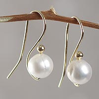 Gold vermeil cultured pearl drop earrings, 'White Balloons' - Handcrafted Cultured Pearl Gold Vermeil Drop Earrings