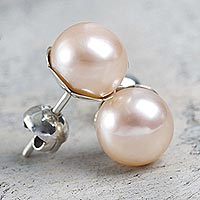 Pink Cultured Pearl Handcrafted Stud Earrings from Peru,'Pink Nascent Flower'