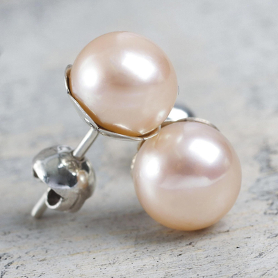 Cultured pearl stud earrings, 'Pink Nascent Flower' - Pink Cultured Pearl Handcrafted Stud Earrings from Peru