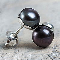 Cultured pearl stud earrings, 'Black Nascent Flower'