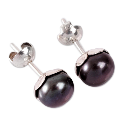 Cultured pearl stud earrings, 'Black Nascent Flower' - Handcrafted Black Cultured Pearl Stud Earrings
